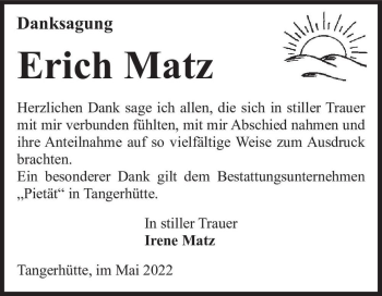 Traueranzeige von Erich Matz  von Magdeburger Volksstimme