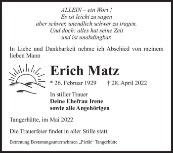Traueranzeige von Erich Matz  von Magdeburger Volksstimme