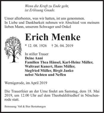 Traueranzeige von Erich Menke  von Magdeburger Volksstimme