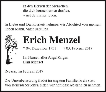 Traueranzeige von Erich Menzel  von Magdeburger Volksstimme