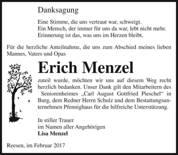 Traueranzeige von Erich Menzel  von Magdeburger Volksstimme