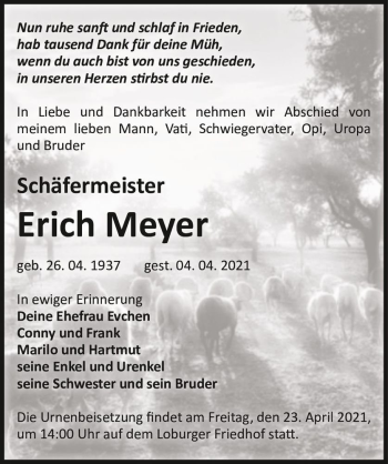 Traueranzeige von Erich Meyer  von Magdeburger Volksstimme