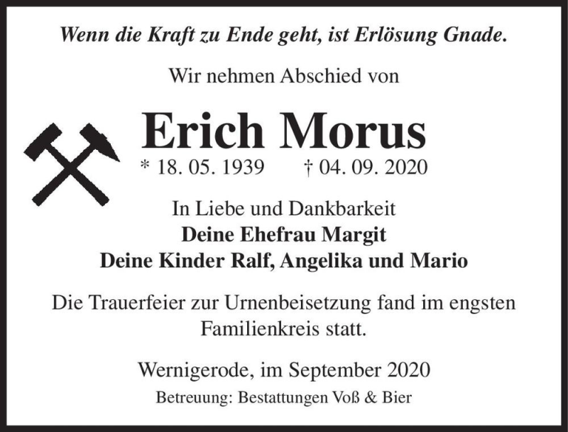  Traueranzeige für Erich Morus  vom 19.09.2020 aus Magdeburger Volksstimme