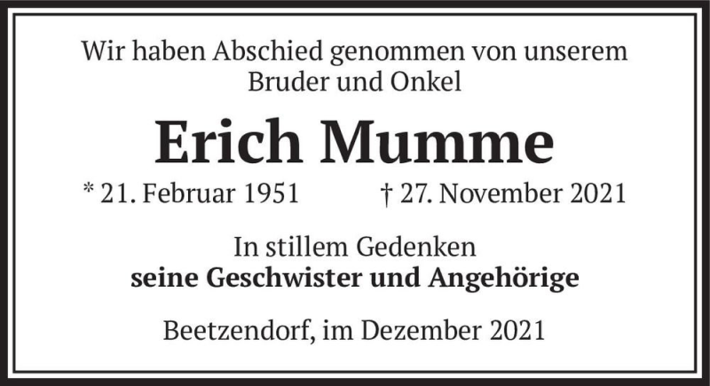  Traueranzeige für Erich Mumme  vom 18.12.2021 aus Magdeburger Volksstimme