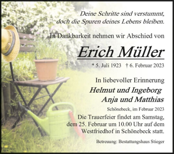 Traueranzeige von Erich Müller  von Magdeburger Volksstimme