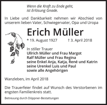 Traueranzeige von Erich Müller  von Magdeburger Volksstimme