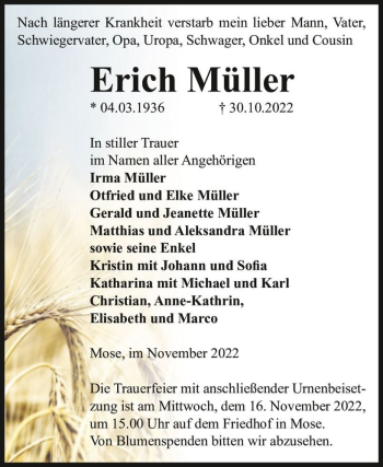 Traueranzeige von Erich Müller  von Magdeburger Volksstimme