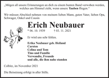 Traueranzeige von Erich Neubauer  von Magdeburger Volksstimme