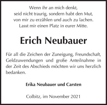 Traueranzeige von Erich Neubauer  von Magdeburger Volksstimme