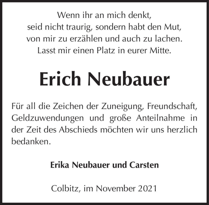  Traueranzeige für Erich Neubauer  vom 27.11.2021 aus Magdeburger Volksstimme
