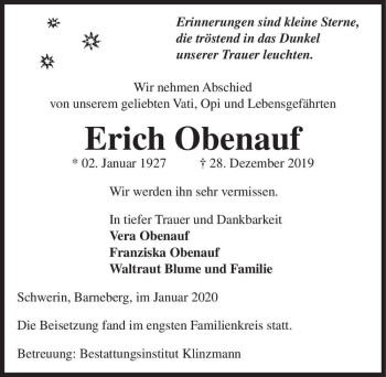 Traueranzeige von Erich Obenauf  von Magdeburger Volksstimme