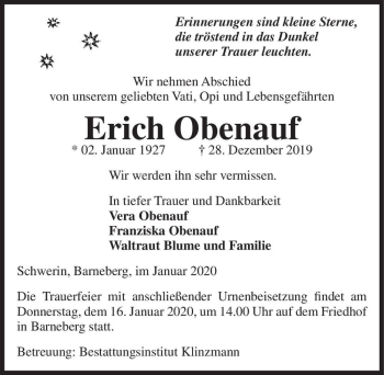 Traueranzeige von Erich Obenauf  von Magdeburger Volksstimme