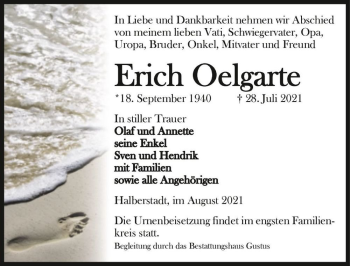 Traueranzeige von Erich Oelgarte  von Magdeburger Volksstimme