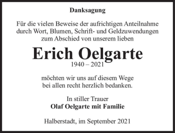Traueranzeige von Erich Oelgarte  von Magdeburger Volksstimme