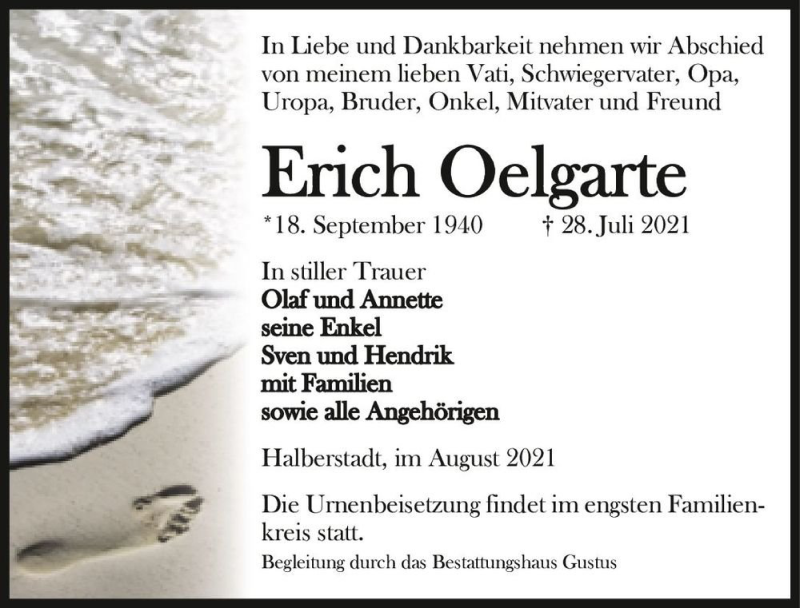  Traueranzeige für Erich Oelgarte  vom 21.08.2021 aus Magdeburger Volksstimme