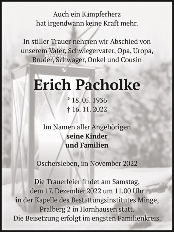 Traueranzeige von Erich Pacholke  von Magdeburger Volksstimme
