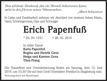 Traueranzeige von Erich Papenfuß  von Magdeburger Volksstimme
