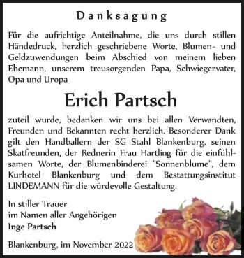 Traueranzeige von Erich Partsch  von Magdeburger Volksstimme