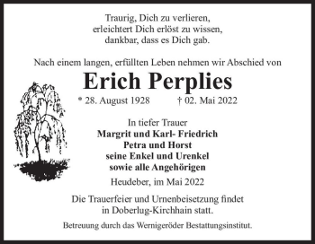 Traueranzeige von Erich Perplies  von Magdeburger Volksstimme