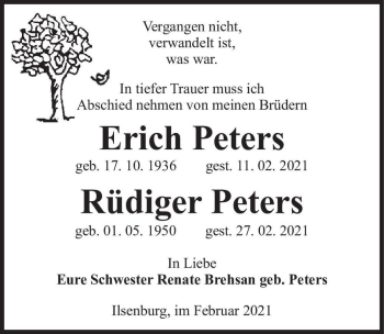 Traueranzeige von Erich Peters und Rüdiger Peters  von Magdeburger Volksstimme