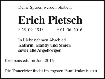Traueranzeige von Erich Pietsch  von Magdeburger Volksstimme