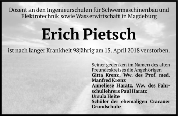 Traueranzeige von Erich Pietsch  von Magdeburger Volksstimme