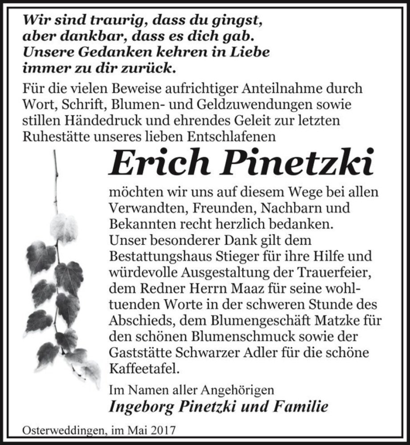  Traueranzeige für Erich Pinetzki  vom 06.05.2017 aus Magdeburger Volksstimme