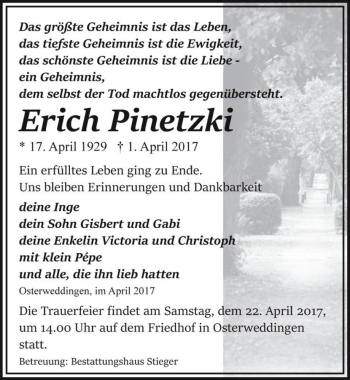 Traueranzeige von Erich Pinetzki  von Magdeburger Volksstimme