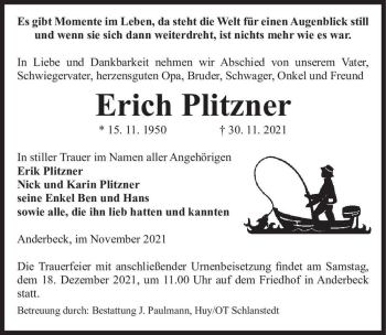 Traueranzeige von Erich Plitzner  von Magdeburger Volksstimme