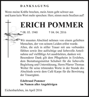 Traueranzeige von Erich Pommer  von Magdeburger Volksstimme