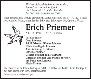 Traueranzeige von Erich Priemer  von Magdeburger Volksstimme