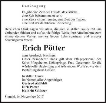 Traueranzeige von Erich Pötter  von Magdeburger Volksstimme