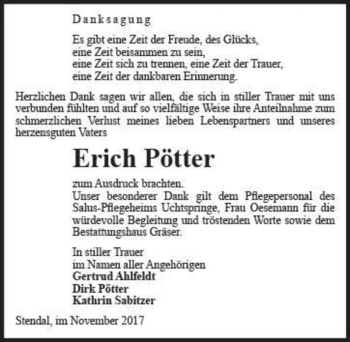 Traueranzeige von Erich Pötter  von Magdeburger Volksstimme
