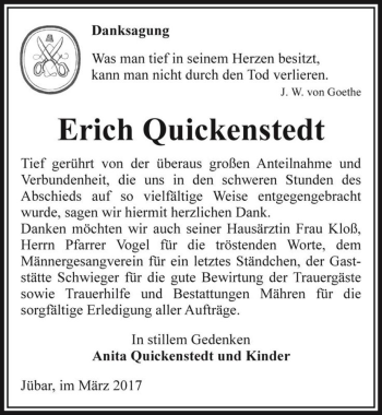 Traueranzeige von Erich Quickenstedt  von Magdeburger Volksstimme