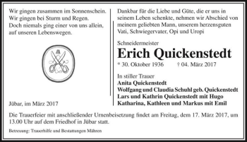 Traueranzeige von Erich Quickenstedt  von Magdeburger Volksstimme