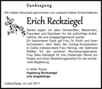 Traueranzeige von Erich Reckziegel  von Magdeburger Volksstimme