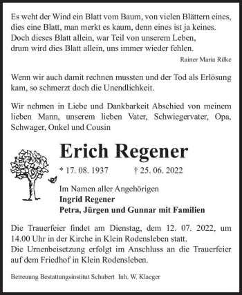 Traueranzeige von Erich Regener  von Magdeburger Volksstimme