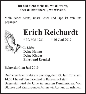 Traueranzeige von Erich Reichardt  von Magdeburger Volksstimme