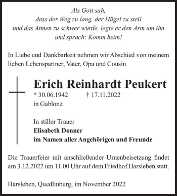 Traueranzeige von Erich Reinhardt Peukert  von Magdeburger Volksstimme