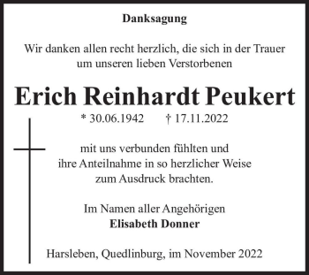 Traueranzeige von Erich Reinhardt Peukert  von Magdeburger Volksstimme