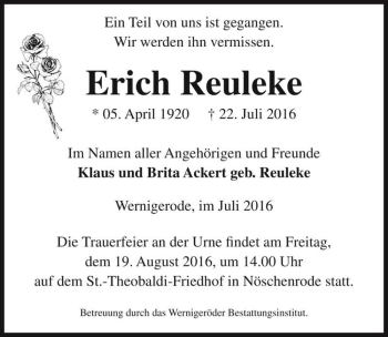 Traueranzeige von Erich Reuleke  von Magdeburger Volksstimme