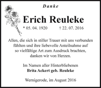 Traueranzeige von Erich Reuleke  von Magdeburger Volksstimme