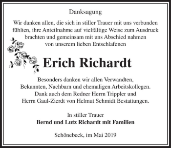 Traueranzeige von Erich Richardt  von Magdeburger Volksstimme