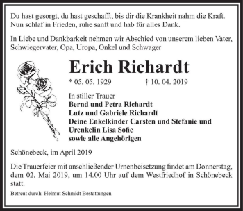 Traueranzeige von Erich Richardt  von Magdeburger Volksstimme
