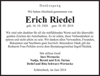 Traueranzeige von Erich Riedel  von Magdeburger Volksstimme