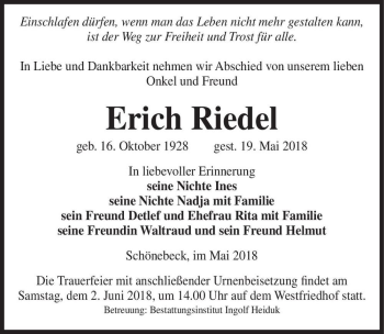 Traueranzeige von Erich Riedel  von Magdeburger Volksstimme