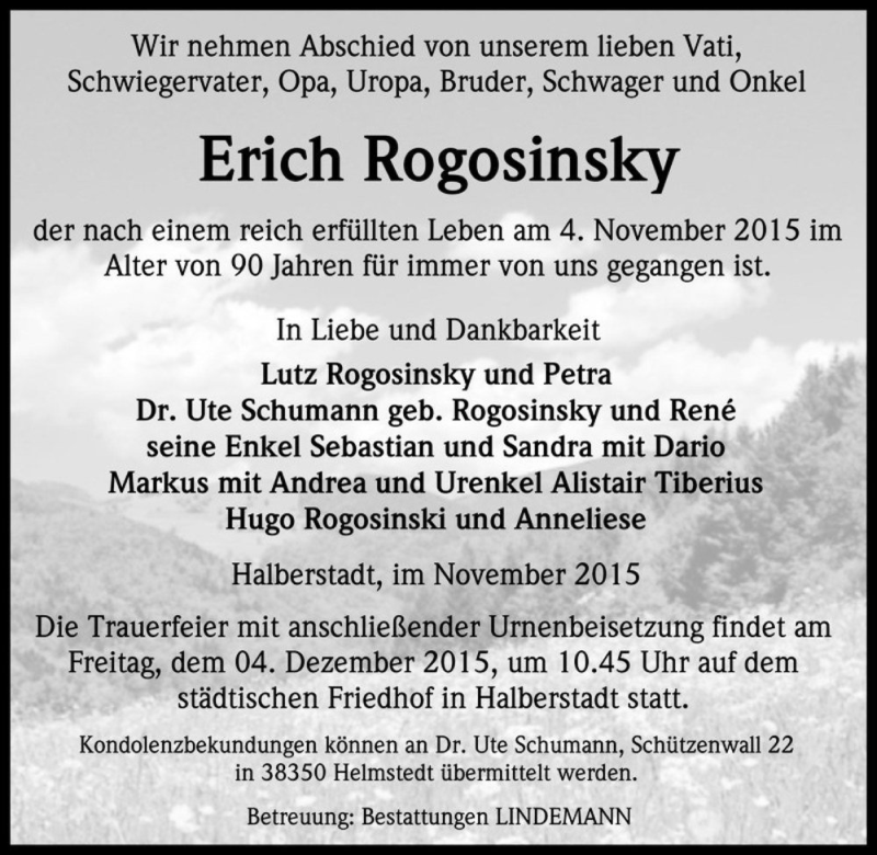  Traueranzeige für Erich Rogosinsky  vom 21.11.2015 aus Magdeburger Volksstimme