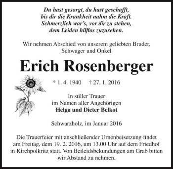 Traueranzeige von Erich Rosenberger  von Magdeburger Volksstimme