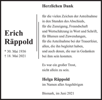 Traueranzeige von Erich Räppold  von Magdeburger Volksstimme