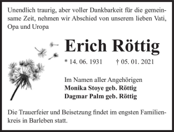 Traueranzeige von Erich Röttig  von Magdeburger Volksstimme